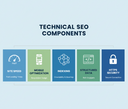A visual representation of technical SEO elements like site speed, indexing, and structured data.