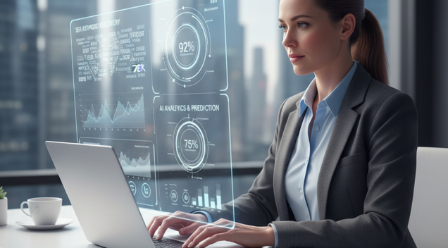 Digital marketer analyzing SEO keyword research data on laptop screen