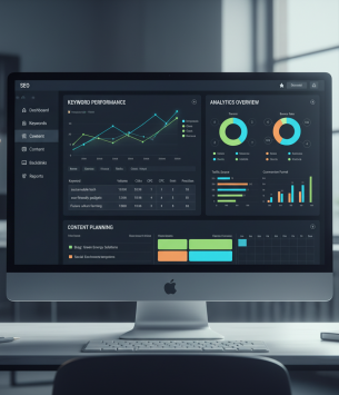 Illustration of keywords and SEO strategy with digital marketing icons