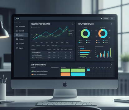 Illustration of keywords and SEO strategy with digital marketing icons