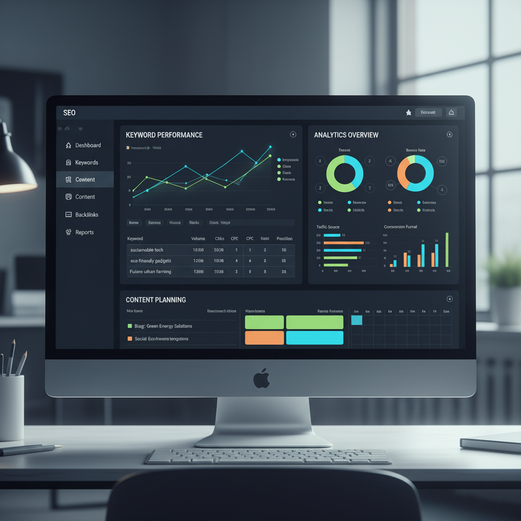 Illustration of keywords and SEO strategy with digital marketing icons