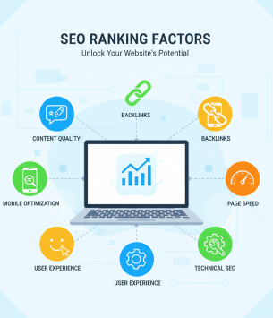 Illustration showing SEO ranking factors like content quality, backlinks, and mobile optimization.
