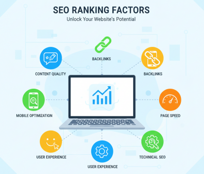 Illustration showing SEO ranking factors like content quality, backlinks, and mobile optimization.