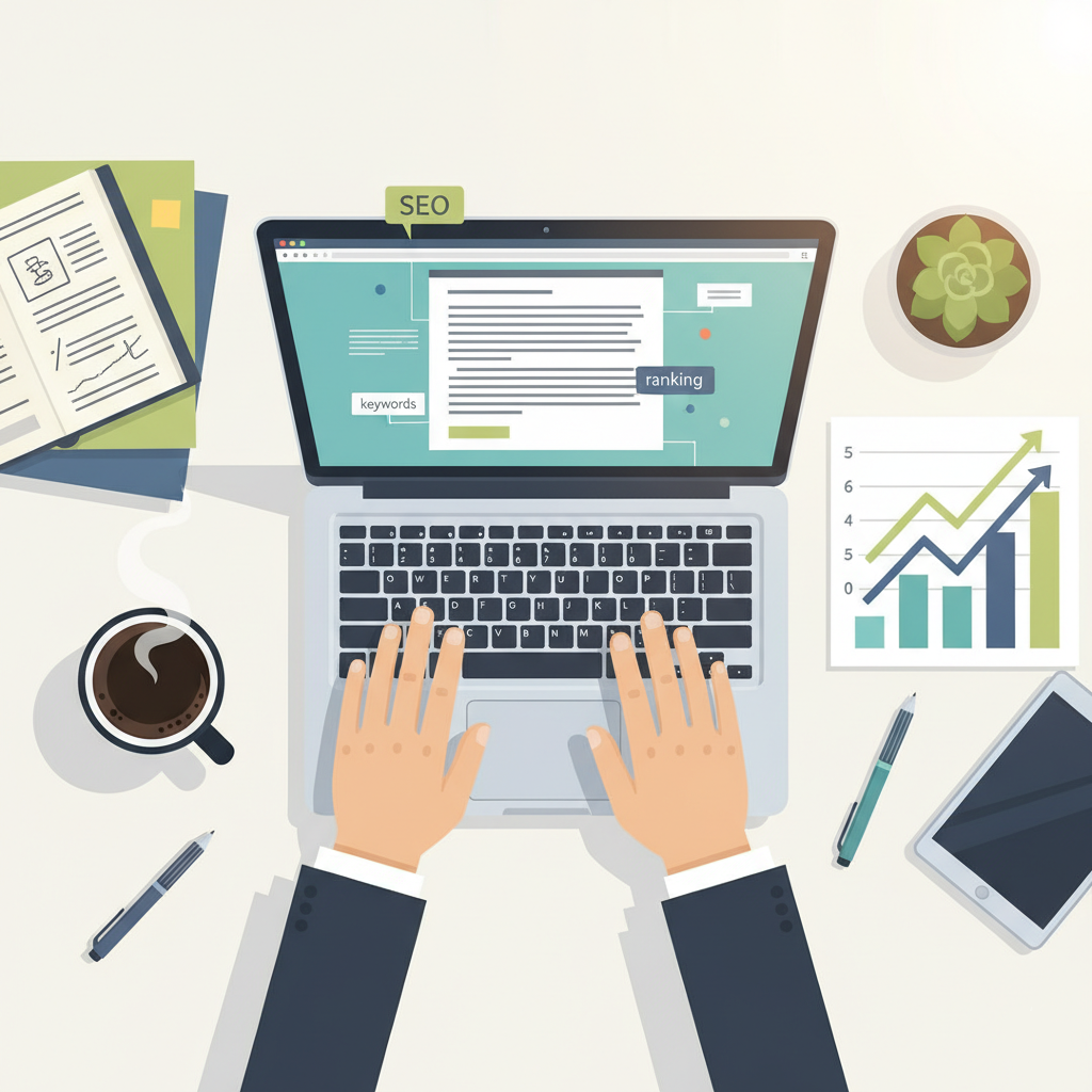 A blogger writing SEO-optimized content on a laptop to improve website ranking