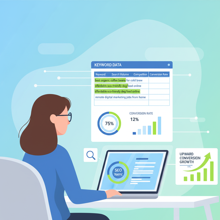 An illustration showing long-tail keyword strategy improving SEO marketing conversion rates.