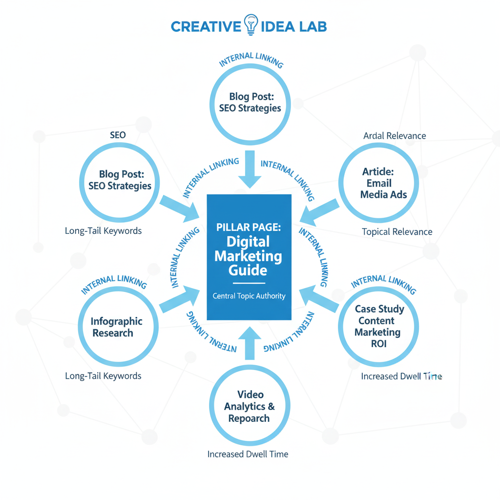 Diagram showing content clusters connected to a central pillar page representing SEO strategy structure.