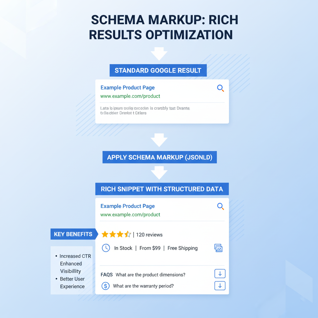 Illustration of Schema Markup improving search engine click-through rates with structured data snippets