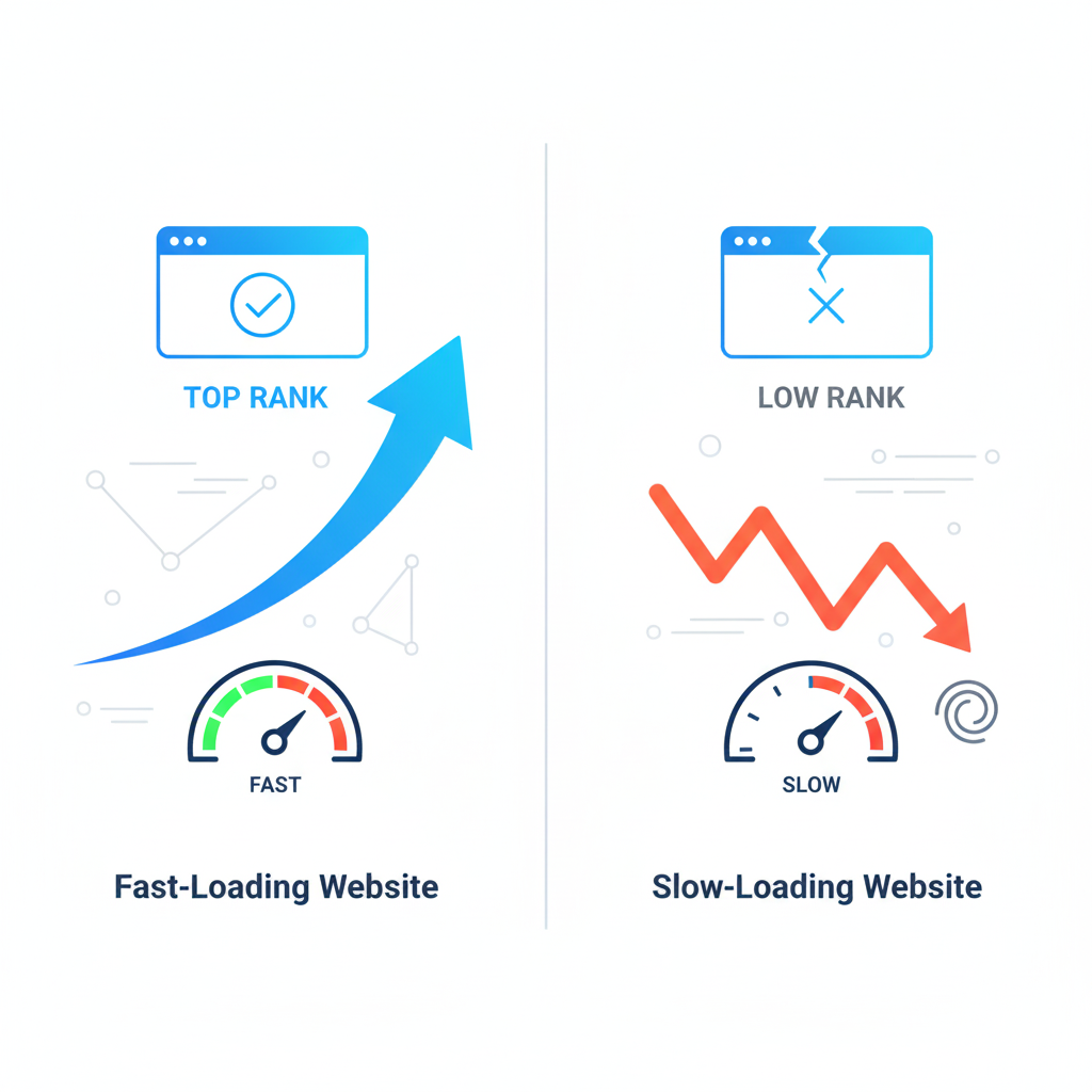 Illustration of website speed optimization showing faster load times improving SEO rankings