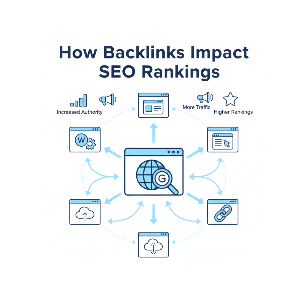 Illustration showing how backlinks improve website SEO rankings and authority