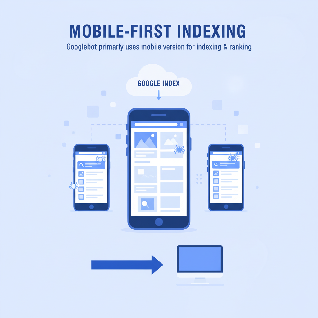 Illustration showing website design optimized for mobile-first indexing with Google search results on smartphones
