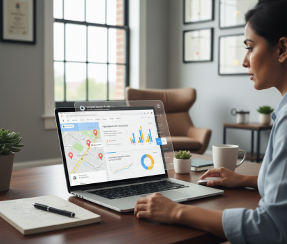 A business owner optimizing their Google Business Profile for better local SEO visibility
