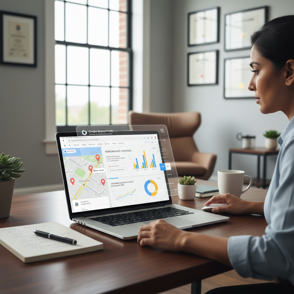 A business owner optimizing their Google Business Profile for better local SEO visibility