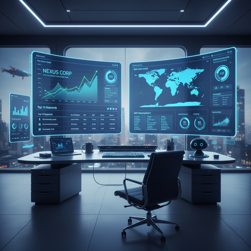 A digital dashboard displaying modern SEO Marketing tools and analytics for 2025