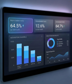 Dashboard interface showing Google Analytics 4 SEO performance metrics