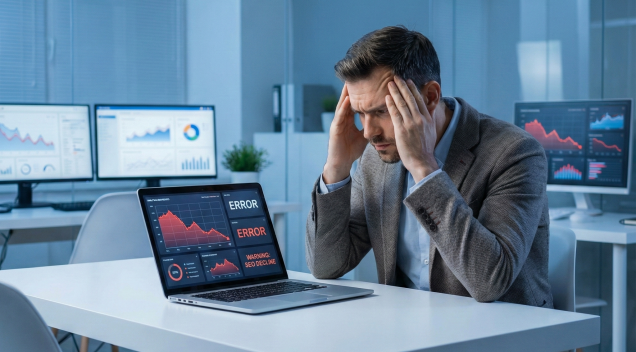 Frustrated business owner reviewing declining SEO analytics charts on a laptop