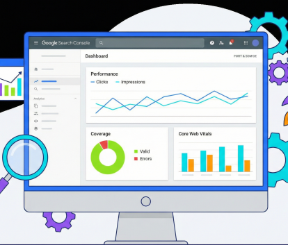 Illustration of a digital dashboard showing Google Search Console analytics for SEO marketing improvement