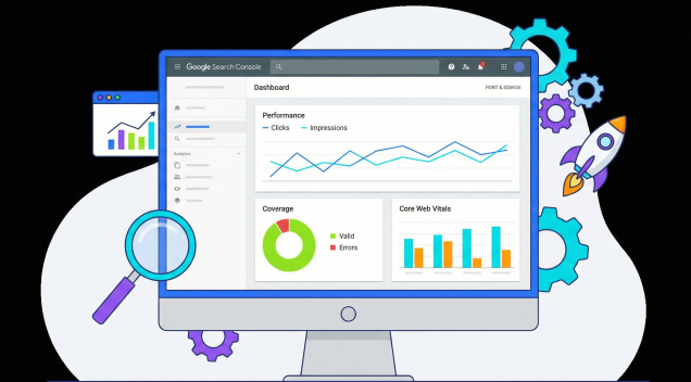 Illustration of a digital dashboard showing Google Search Console analytics for SEO marketing improvement