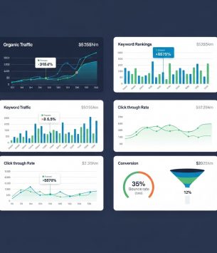 Illustration showing analytics dashboard used for tracking SEO success metrics