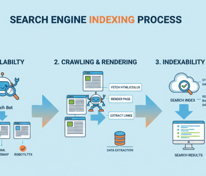 Illustration showing search engine bots crawling and indexing a website for SEO marketing