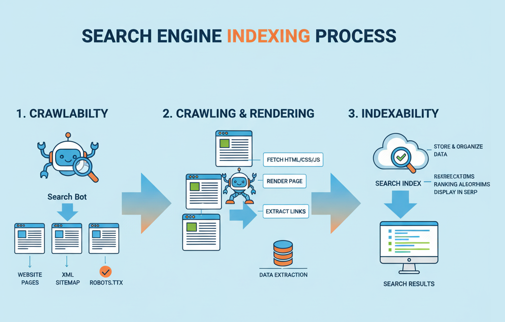 Illustration showing search engine bots crawling and indexing a website for SEO marketing