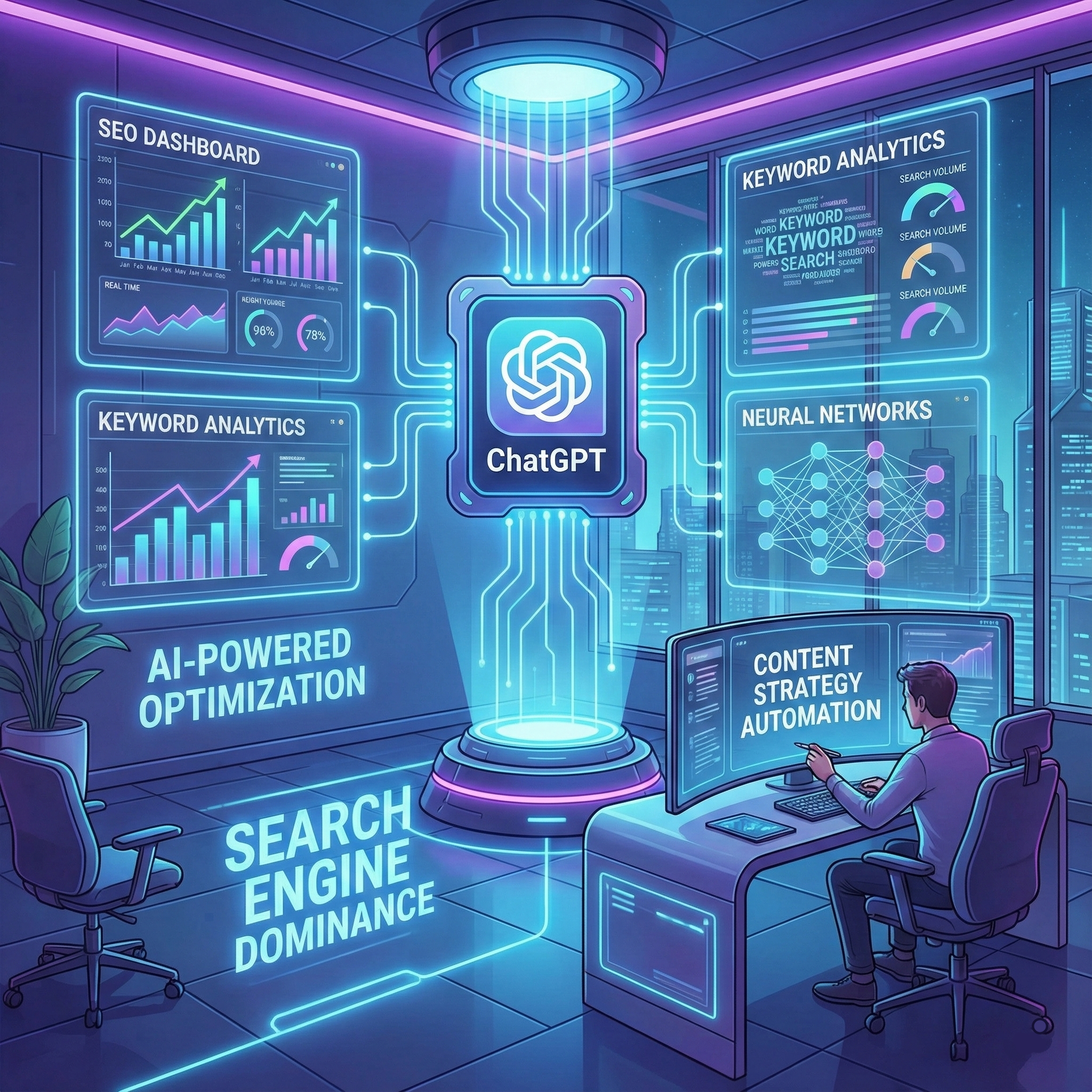 A digital concept illustration showing ChatGPT and AI tools enhancing SEO marketing strategies