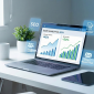 A laptop screen displaying a blog dashboard with SEO analytics showing improved website ranking through SEO marketing.
