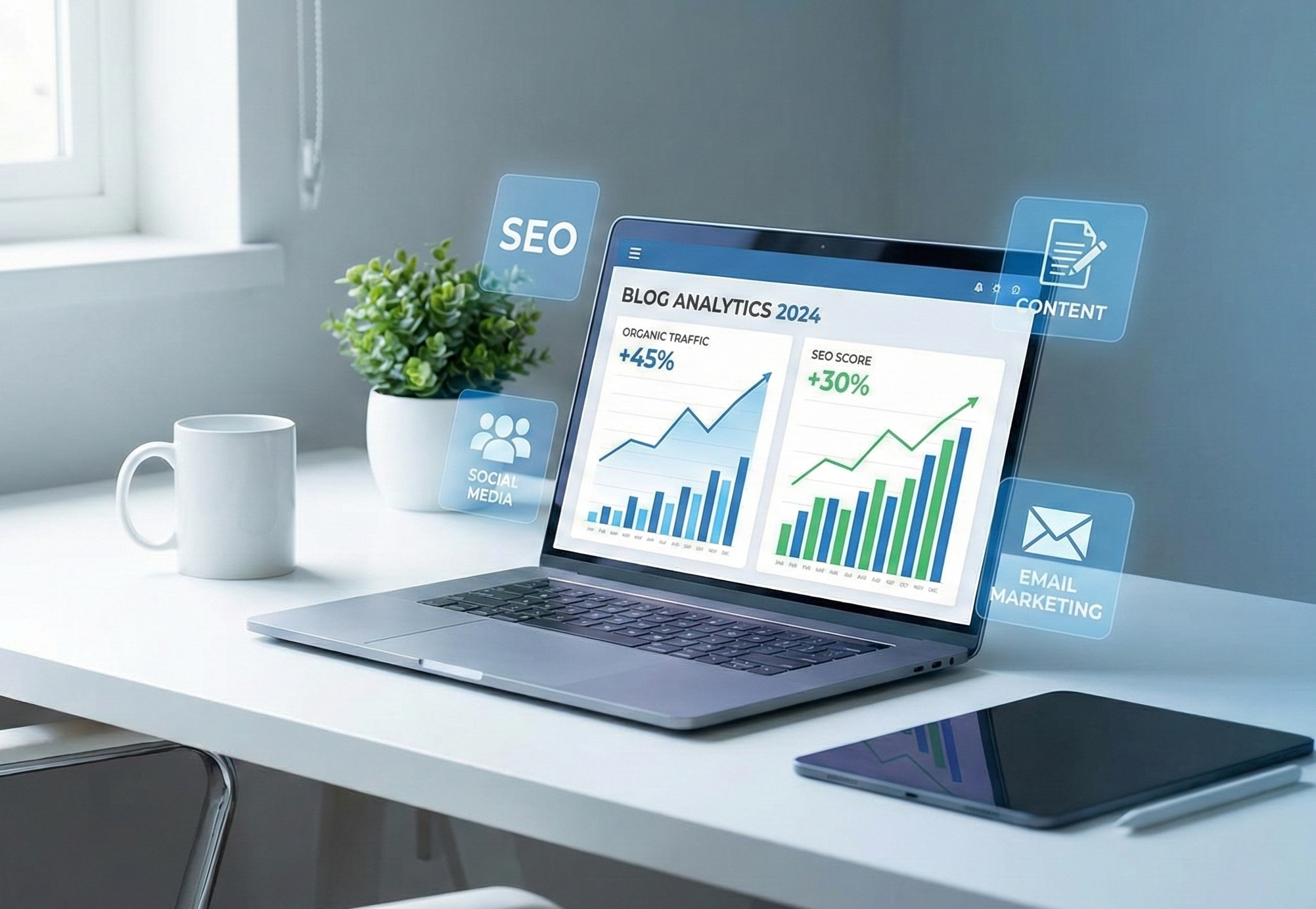 A laptop screen displaying a blog dashboard with SEO analytics showing improved website ranking through SEO marketing.