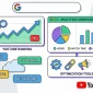 A thumbnail-style illustration showing Video SEO optimization elements such as tags, keywords, analytics, and YouTube ranking indicators