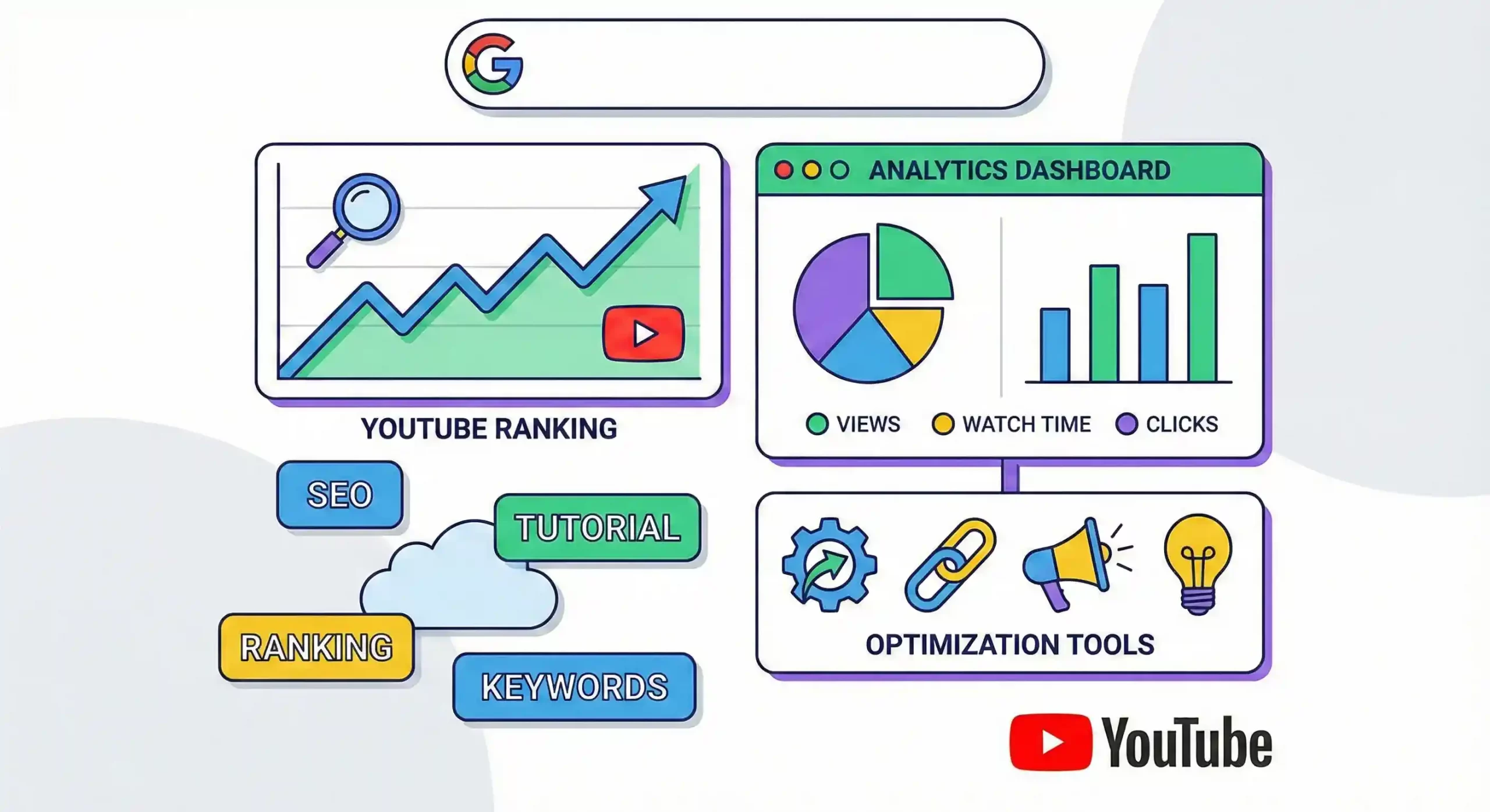 A thumbnail-style illustration showing Video SEO optimization elements such as tags, keywords, analytics, and YouTube ranking indicators
