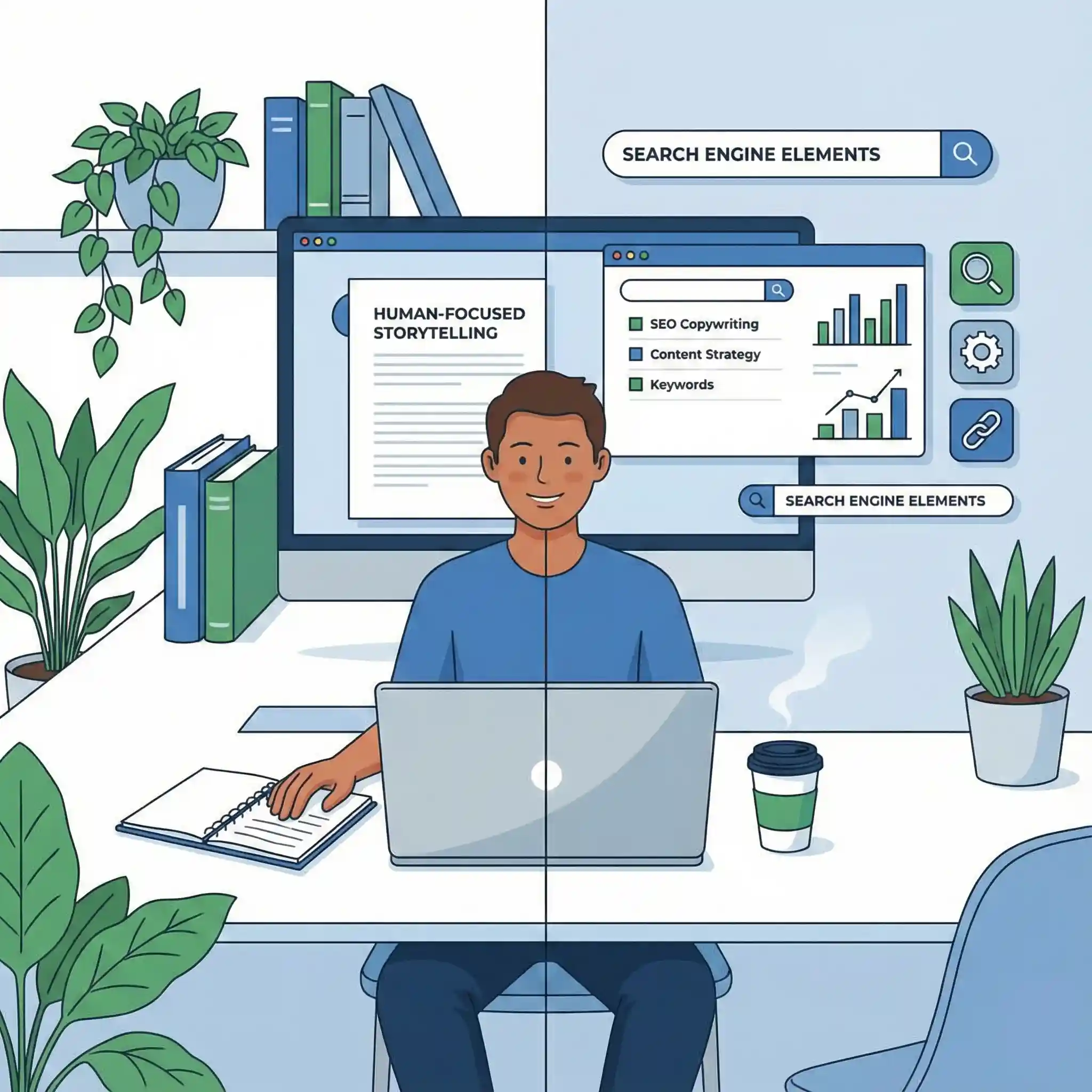 A writer creating SEO copywriting content optimized for both readers and search engine algorithms