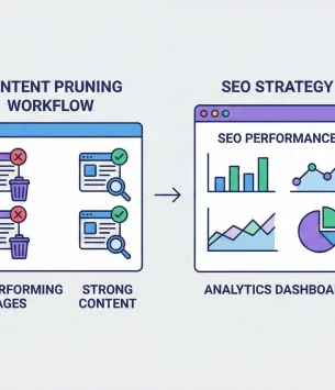 Content pruning SEO marketing workflow showing content audit, evaluation, and page removal decisions