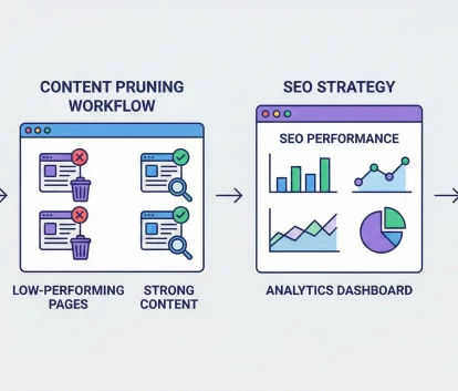 Content pruning SEO marketing workflow showing content audit, evaluation, and page removal decisions