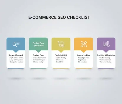 E-commerce SEO checklist showing product optimization, technical SEO, and keyword strategy for online stores