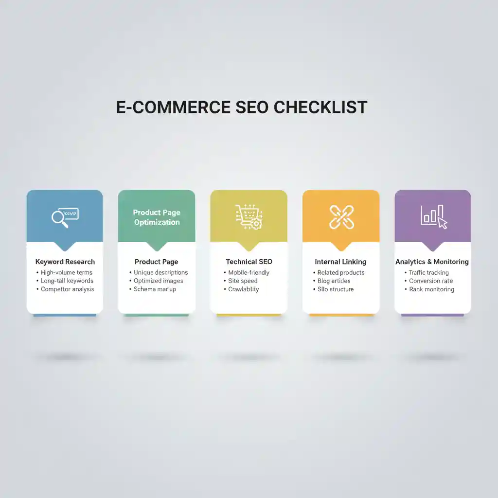 E-commerce SEO checklist showing product optimization, technical SEO, and keyword strategy for online stores