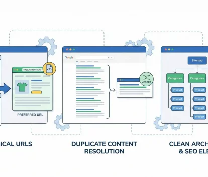Handling duplicate content in e-commerce SEO Marketing through canonical URLs and optimized product pages