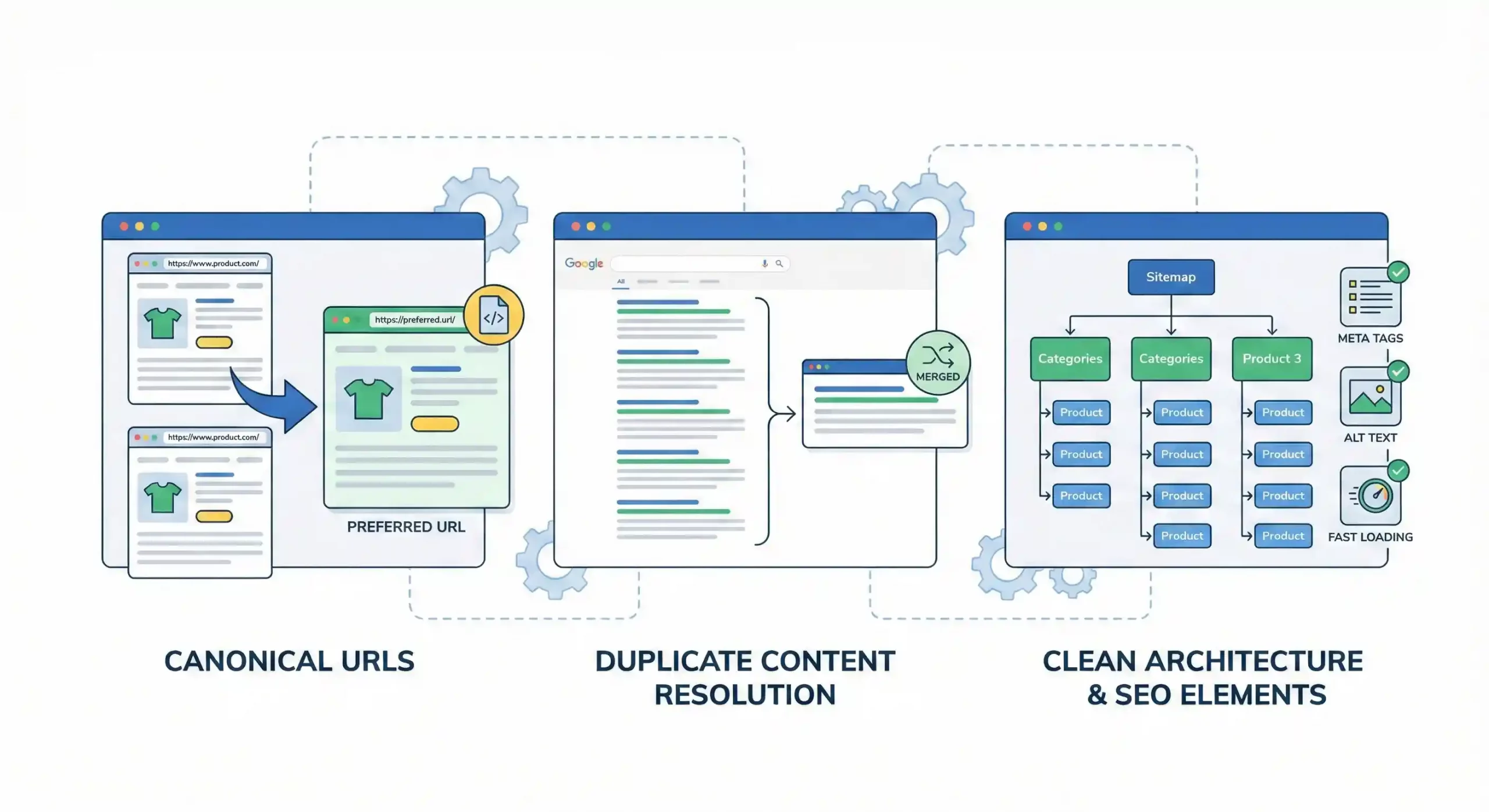 Handling duplicate content in e-commerce SEO Marketing through canonical URLs and optimized product pages