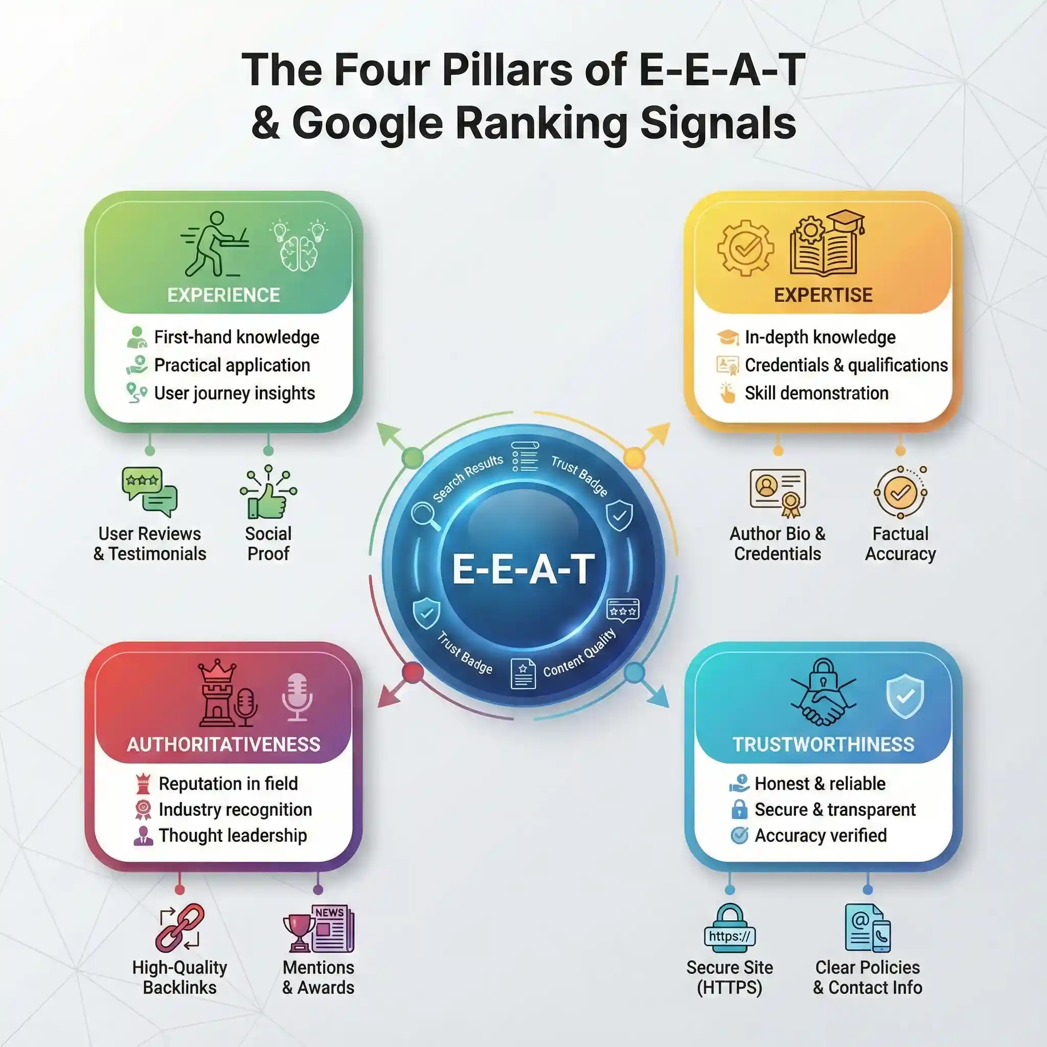 Illustration showing E-E-A-T elements—Experience, Expertise, Authoritativeness, Trustworthiness—affecting Google ranking signals in SEO Marketing