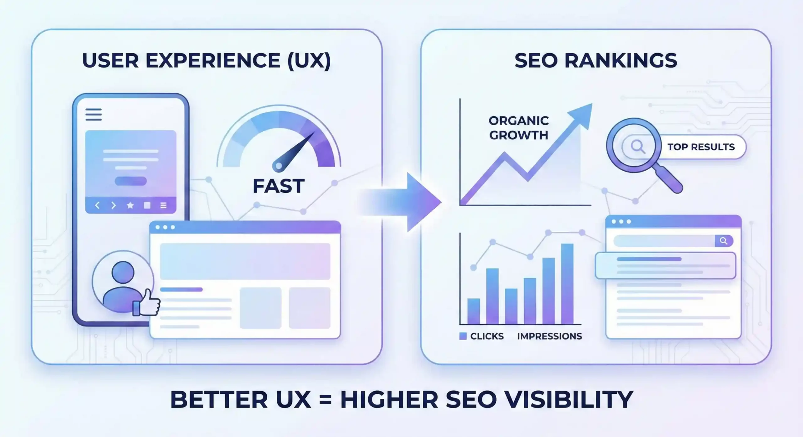 Illustration showing how improved user experience (UX) enhances SEO marketing performance and search engine rankings