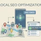 Illustration showing voice search optimization for local SEO marketing with mobile assistant and local business map results