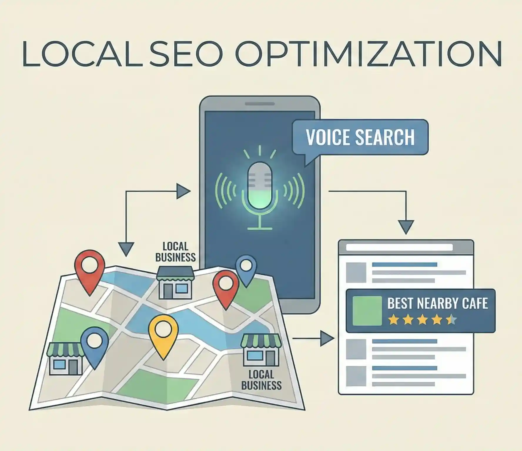 Illustration showing voice search optimization for local SEO marketing with mobile assistant and local business map results
