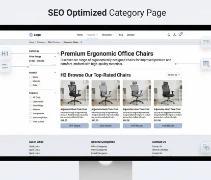 SEO-optimized category page layout showing content structure, filters, and internal linking elements
