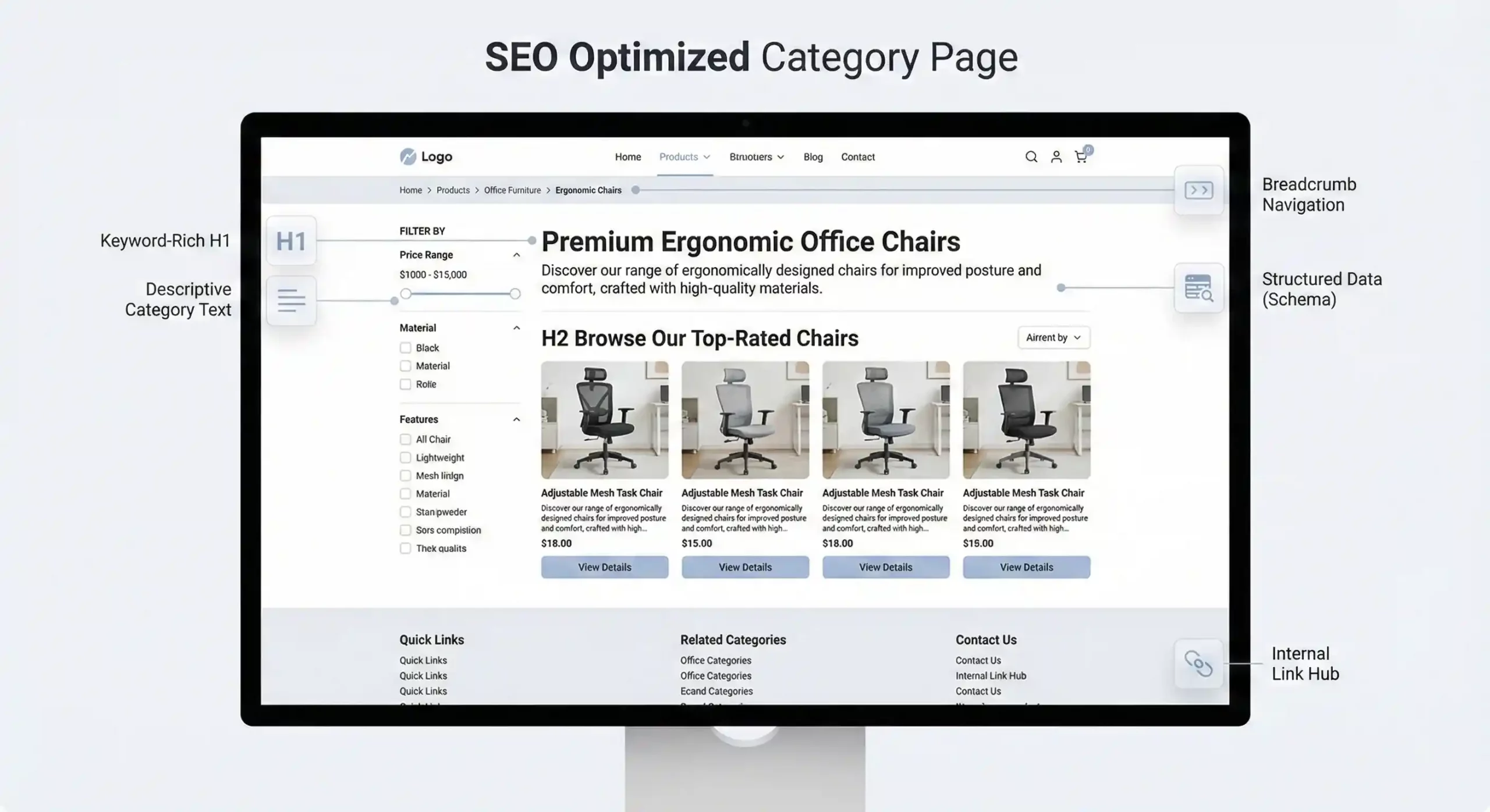 SEO-optimized category page layout showing content structure, filters, and internal linking elements