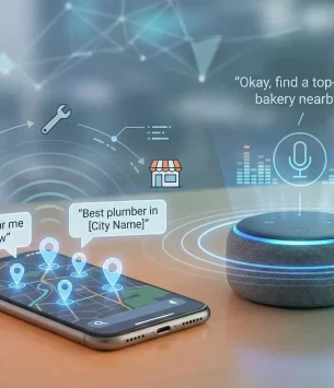 Voice search optimization for local SEO showing smart speaker and mobile assistant searching nearby businesses
