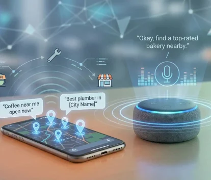 Voice search optimization for local SEO showing smart speaker and mobile assistant searching nearby businesses