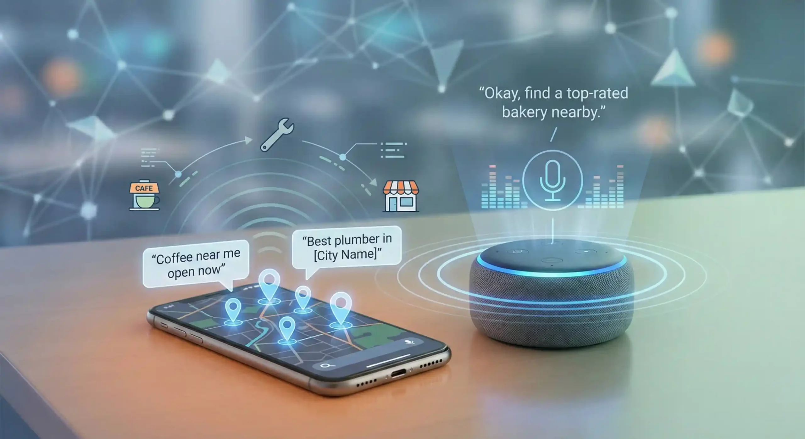 Voice search optimization for local SEO showing smart speaker and mobile assistant searching nearby businesses