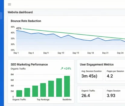 Website analytics dashboard showing bounce rate improvement and SEO Marketing performance metrics