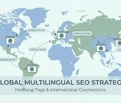 Illustration showing international SEO structure, hreflang tags, and country targeting for global SEO marketing