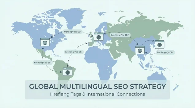 Illustration showing international SEO structure, hreflang tags, and country targeting for global SEO marketing