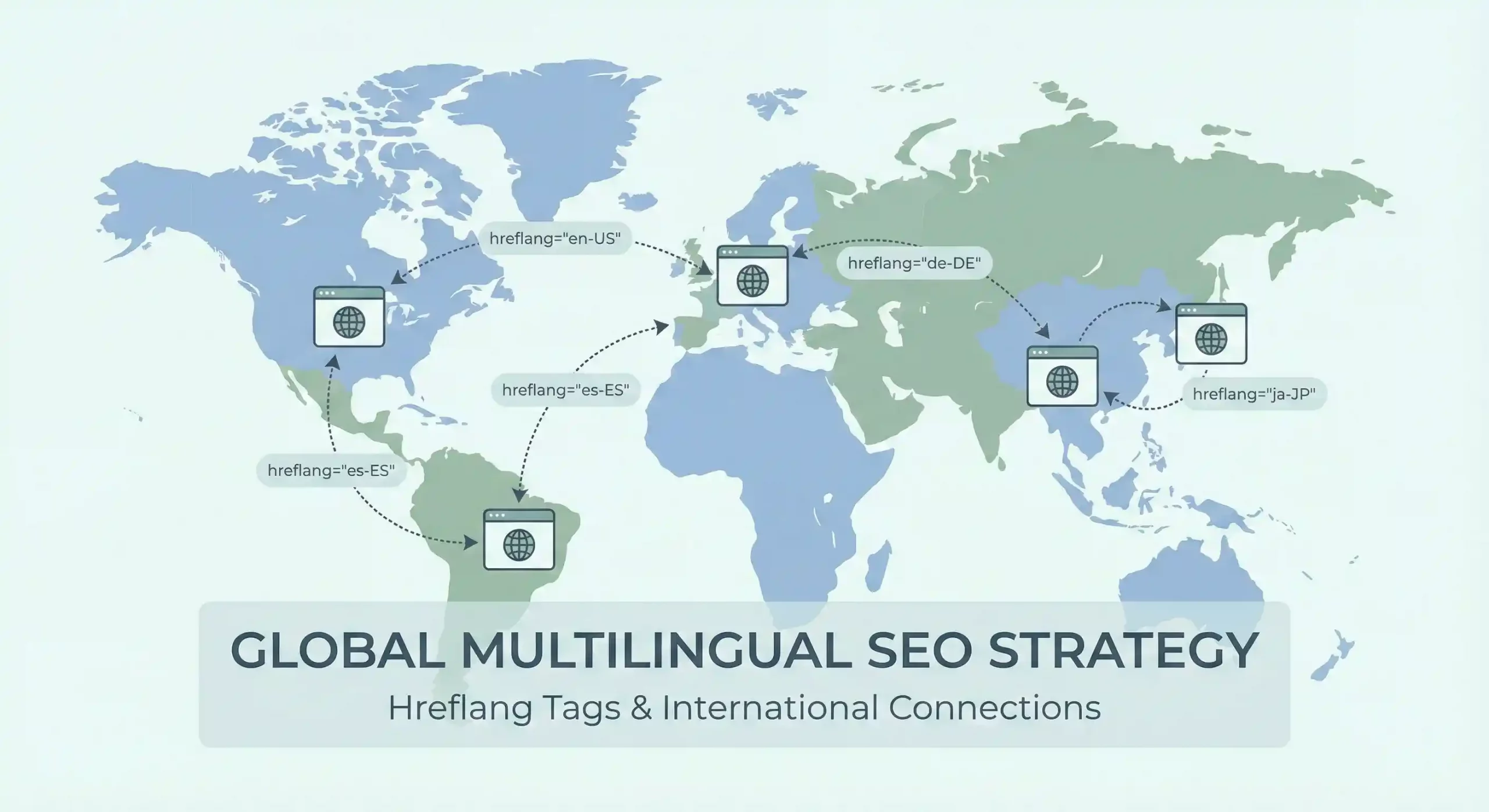 Illustration showing international SEO structure, hreflang tags, and country targeting for global SEO marketing