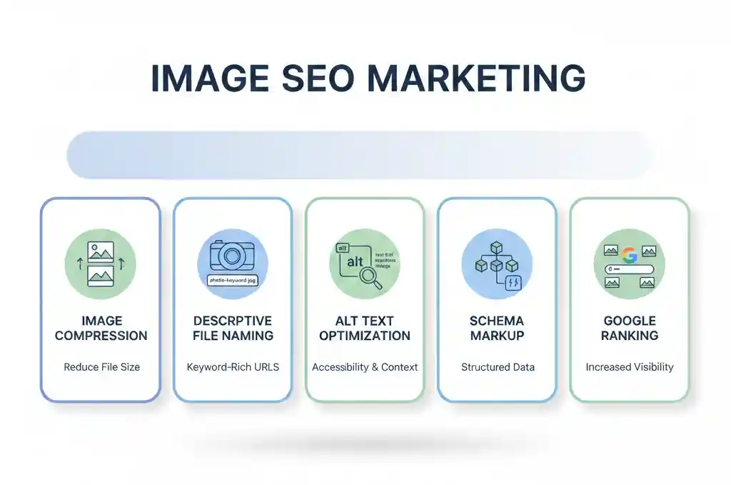 Image SEO Marketing example showing optimized file names, alt text, and structured data for Google Images ranking